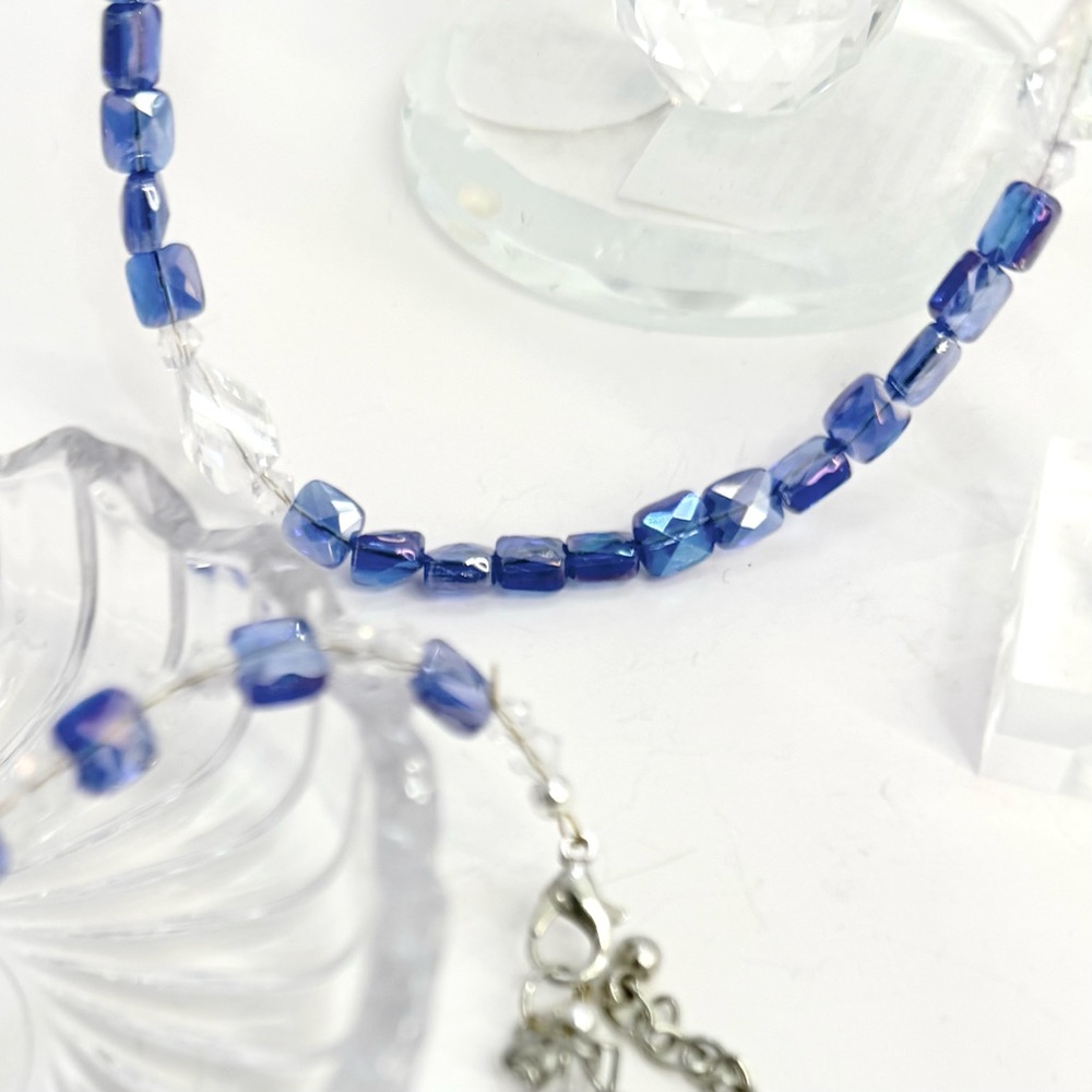 SOLD** koreanna AB Cushion Cut Blue Glass Beaded Necklace bracelet & earrings - Picture 4 of 9